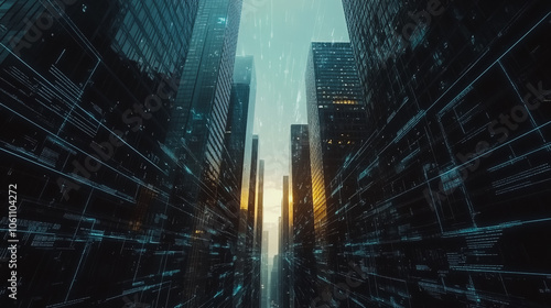 Smart digital city with connection cyber security network reciprocity over the cityscape . future smart wireless digital city and social media networking systems that connects people within the city