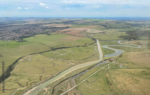 Overhead Cuckmere Haven and estuary, East Sussex, UK.  photo