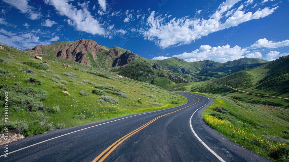 Fototapeta premium Scenic winding asphalt road cutting through lush green mountain landscape under a dramatic cloudy sky The remote rural countryside setting offers a picturesque