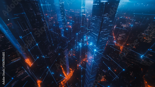 Smart digital city with connection cyber security network reciprocity over the cityscape . future smart wireless digital city and social media networking systems that connects people within the city