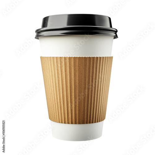 Disposable paper coffee cup with ribbed brown sleeve and black lid. Isolated on transparent background.