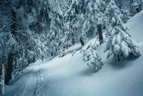 Tranquil winter scene of a coniferous forest with frosted Christmas trees on a gloomy foggy day. Photo wallpapers.