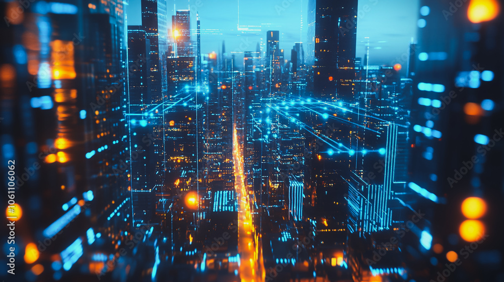 Smart digital city with connection cyber security network reciprocity over the cityscape . future smart wireless digital city and social media networking systems that connects people within the city Smart digital city with connection cyber security network reciprocity over the cityscape . future smart wireless digital city and social media networking systems that connects people within the city