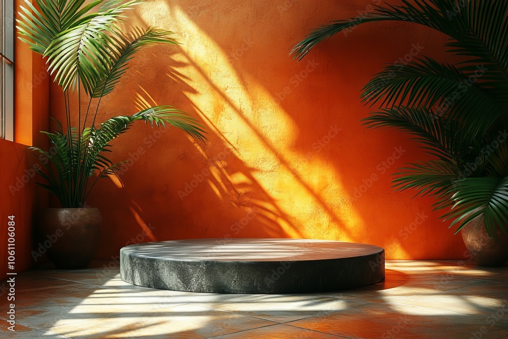 Obraz premium Summer sun and shadows from a palm tree on an earthy orange pastel background.