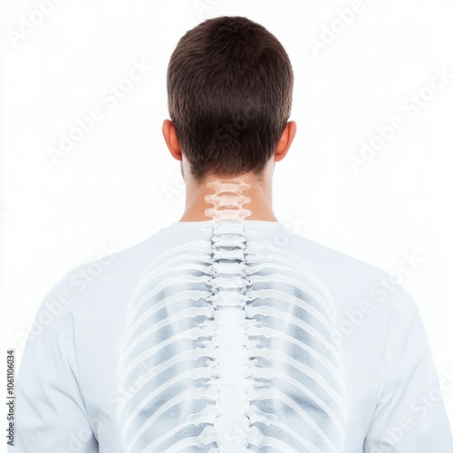 Rear view of a young man with visible spine and rib cage. photo