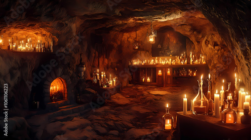 Explore a mysterious witch's lair nestled in a dark cave, filled with potion bottles and flickering candles, creating an enchanting and eerie atmosphere. Wizards Lair. Illustration