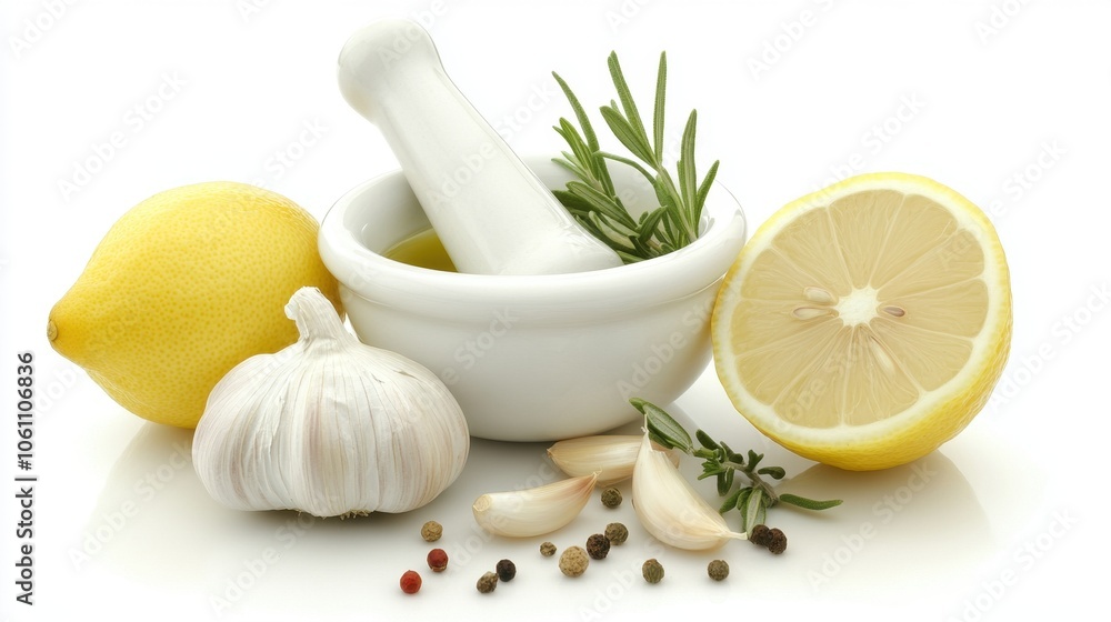 Aromatic Culinary Ingredients: Mortar, Lemons, and Garlic Aromatic Culinary Ingredients: Mortar, Lemons, and Garlic