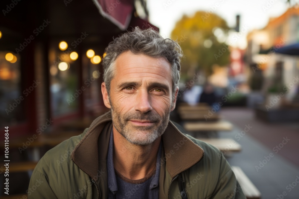 Portrait of handsome middle-aged man with grey hair and beard looking at camera in the city. Portrait of handsome middle-aged man with grey hair and beard looking at camera in the city.