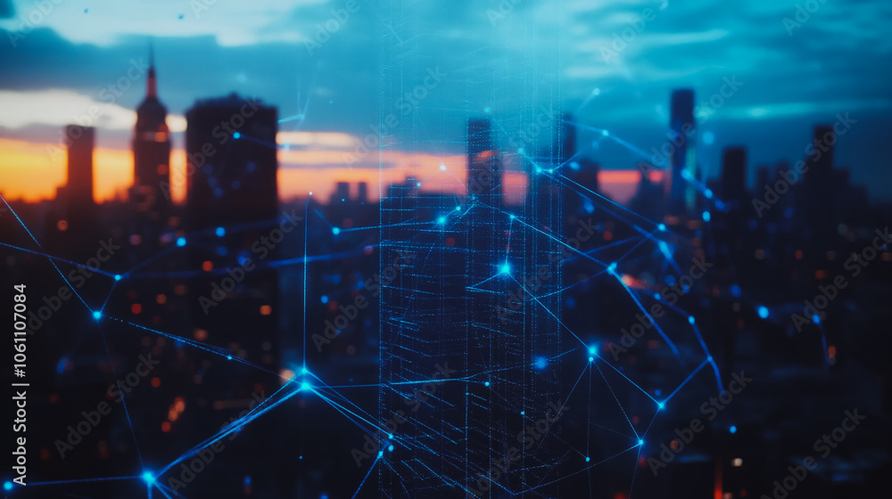 Fototapeta premium Smart digital Innovation city with connection network reciprocity over the cityscape. of future smart wireless digital city and social media networking systems that connects people with in city