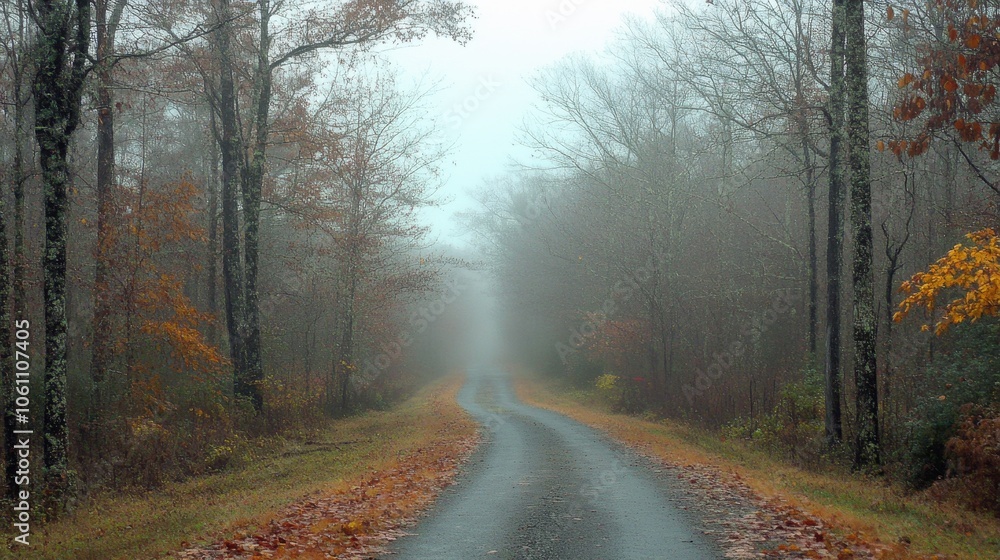 Misty Autumn Road Through Dense Forest Landscape Misty Autumn Road Through Dense Forest Landscape