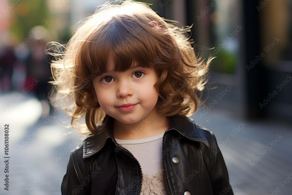 Portrait of a cute little girl with long curly hair on the street Portrait of a cute little girl with long curly hair on the street
