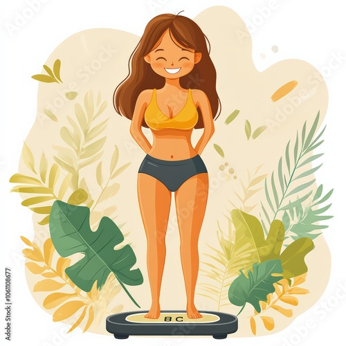 Vector illustration of a person on a scale with a happy expression after losing weight.