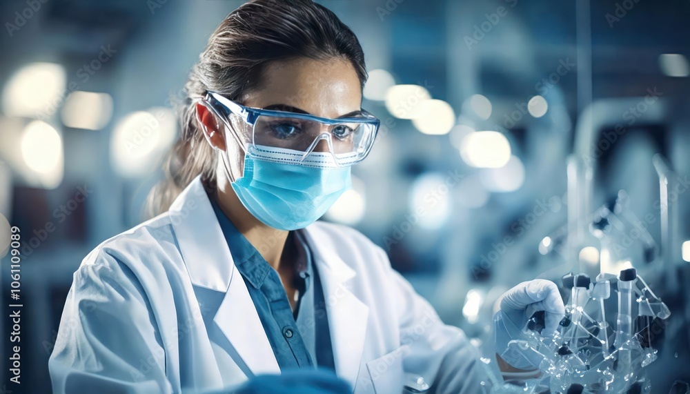 Scientist in mask, lab glasses and lab coat doing experiment with blurred huge laboratory Scientist in mask, lab glasses and lab coat doing experiment with blurred huge laboratory