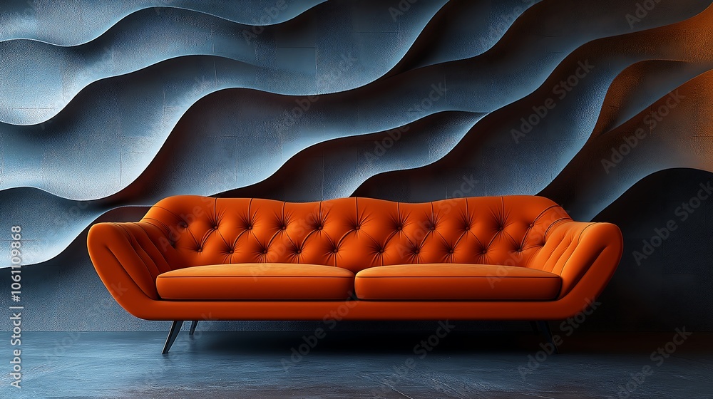 Obraz premium A contemporary living room with a leather terra cotta sofa beside a stunning 3D stone panel wall, blending warmth and elegance.
