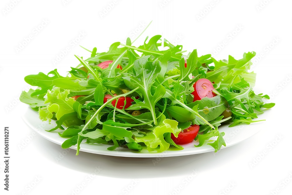 Arugula and tomato salad on a white plate. Arugula and tomato salad on a white plate.