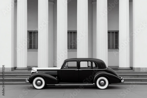 Classic black car parked in front of majestic white pillars, showcasing timeless elegance and vintage charm.