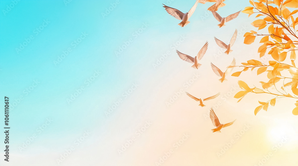 Obraz premium A flock of birds elegantly flies in V formation against a beautiful sky, showcasing nature's harmony at twilight