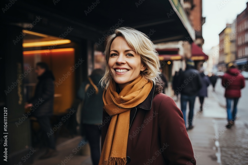 Portrait of a smiling woman in a coat and scarf on a city street Portrait of a smiling woman in a coat and scarf on a city street