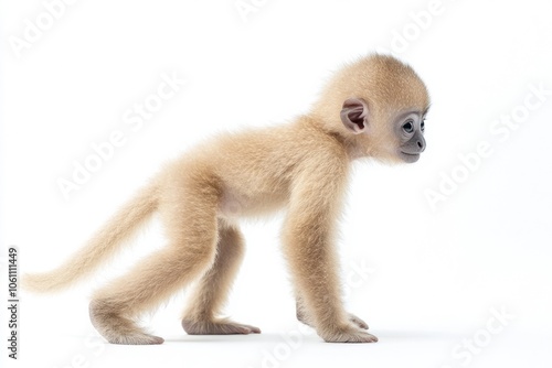 the beside view baby Gibbon primate standing, left side view, low angle, white copy space on right, Isolated on White Background