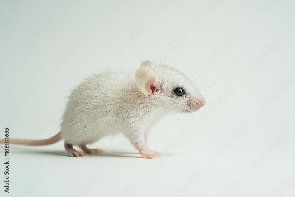 the beside view baby Rat standing, left side view, low angle, white copy space on right, Isolated on White Background the beside view baby Rat standing, left side view, low angle, white copy space on right, Isolated on White Background