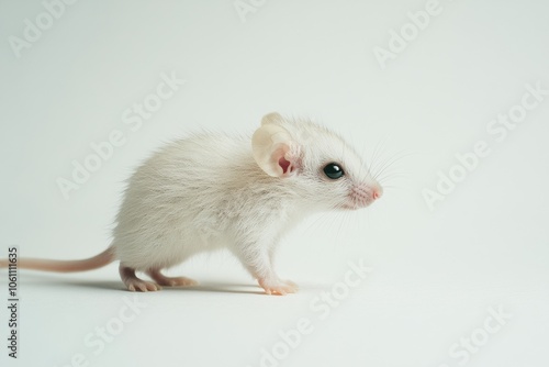 the beside view baby Rat standing, left side view, low angle, white copy space on right, Isolated on White Background