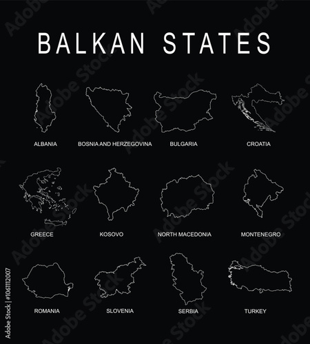 Balkan territory states map line contour vector silhouette illustration isolated. Albania Bosnia Bulgaria Croatia Greece Kosovo Macedonia Montenegro Romania Slovenia Serbia Turkey. Balkan shape shadow