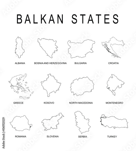 Balkan territory states map line contour vector silhouette illustration isolated. Albania Bosnia Bulgaria Croatia Greece Kosovo Macedonia Montenegro Romania Slovenia Serbia Turkey. Balkan shape shadow photo