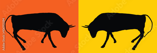 Bullfights bull battle vector silhouette illustration isolated. Breeding bull shape shadow quality genetic material insemination. Organic food. Strong animal powerful bull horns fighting in corrida.