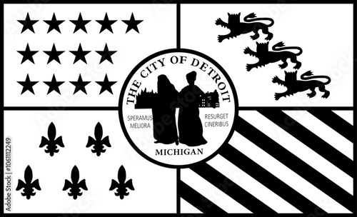 Detroit flag vector silhouette illustration isolated. USA City symbol. Coat of arms of Detroit city shape shadow, Michigan state. Emblem banner, national symbol, seal.