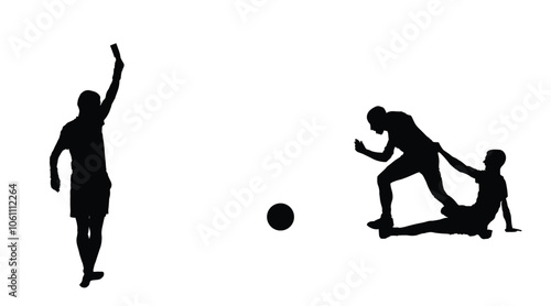 Football referee shows card to player who committed foul during match. Ball possession battle Dribbling Soccer player foul in duel vector silhouette illustration isolated. Red card injury and penalty.