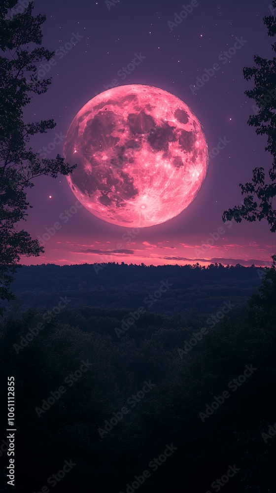 A large, pink full moon hangs over a forest, casting an ethereal glow over the landscape. A large, pink full moon hangs over a forest, casting an ethereal glow over the landscape.