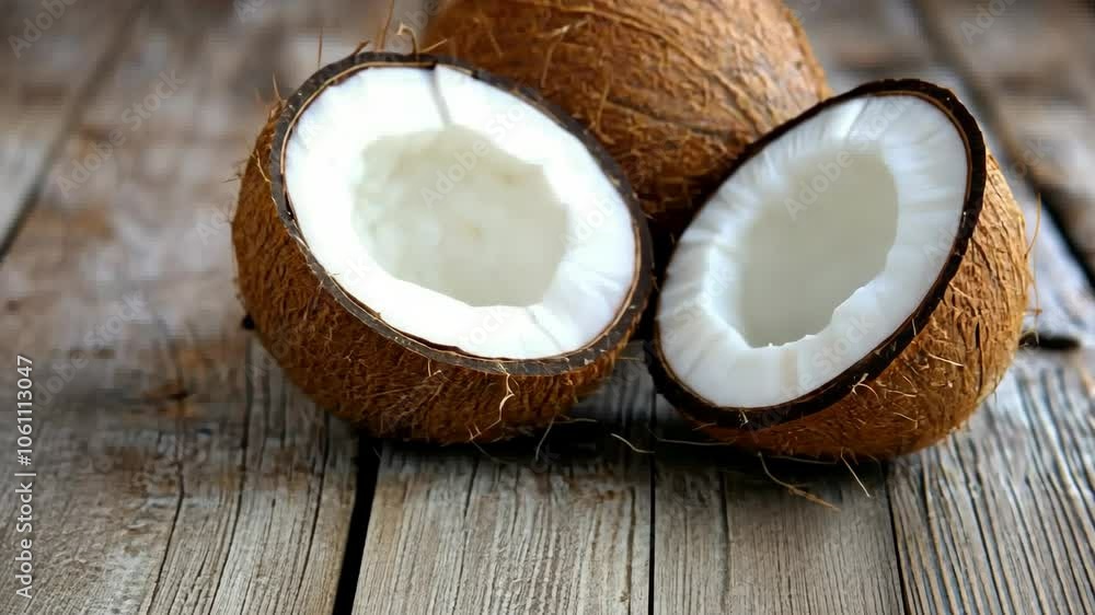 Two coconuts sit on a wooden surface, one is cracked open revealing the white flesh inside Two coconuts sit on a wooden surface, one is cracked open revealing the white flesh inside