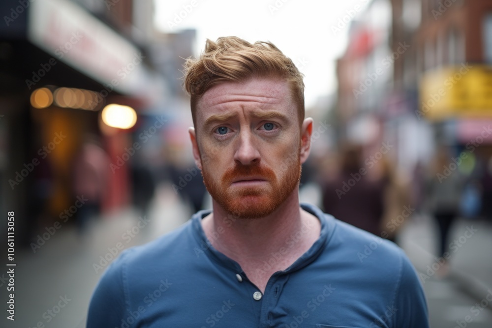 Portrait of a redhead man in a city street. Shallow depth of field Portrait of a redhead man in a city street. Shallow depth of field
