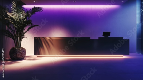 
Wide-angle shot of a minimalist reception area at night, featuring a sleek counter and decorative plant, illuminated by purple ambient lighting and soft shadows. photo