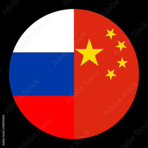 Circle badge half Russia flag China button vector illustration isolated. National symbol partnership between country from Asia and Europe. Roundel Russia China flag emblem banner state. Patriotic sign