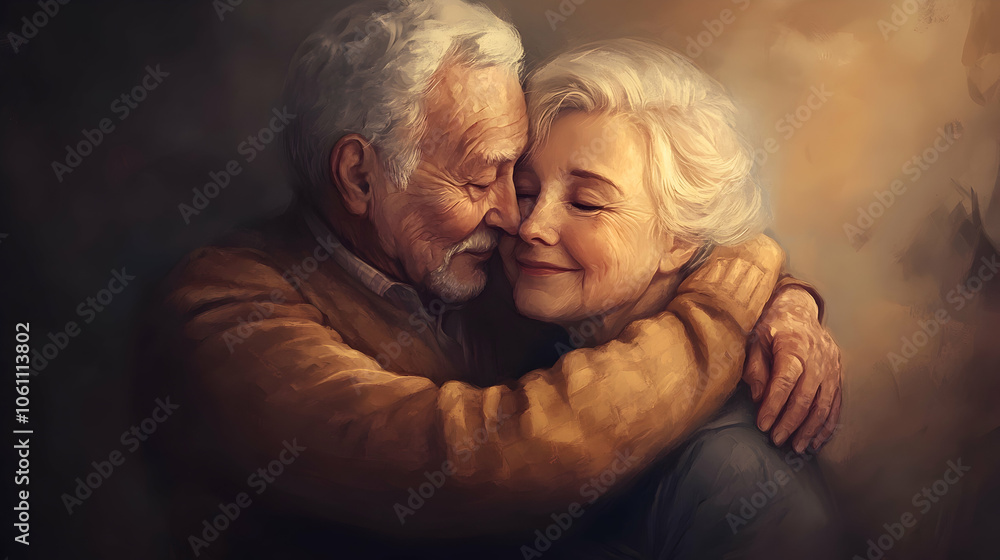 Illustration of Elderly couple embracing with love and warm expressions Illustration of Elderly couple embracing with love and warm expressions