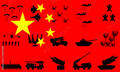 China flag national security. Military fighter jet plane. Ground troops vector silhouette isolated. Tank missile artillery rocket launcher. Navy Radar air force surveillance army defense drone bombing