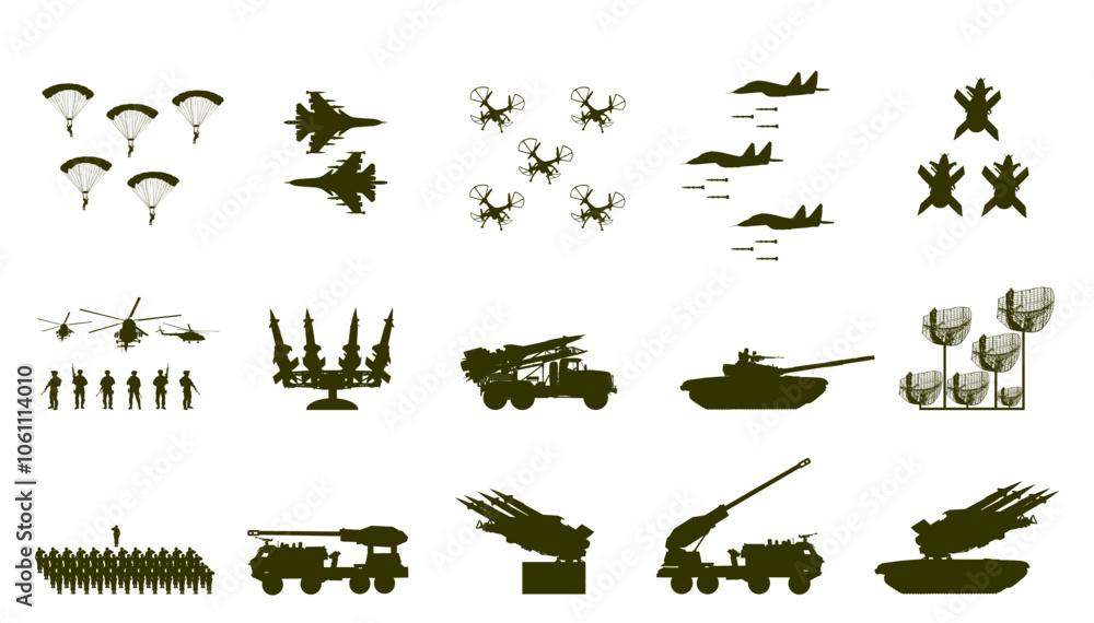 Obraz premium Military air strike bombing fighter jets planes attack enemy ground troops vector silhouette illustration isolated. Tank missile artillery rocket launcher and radar air surveillance protect defense.