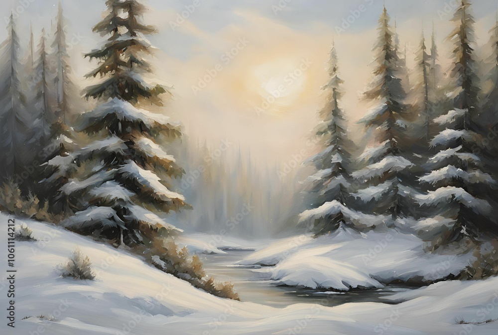 Obraz premium Winter forest covered in snow and a small water stream oil painting, nature landscape art print, tall fir trees and sunset over the horizon