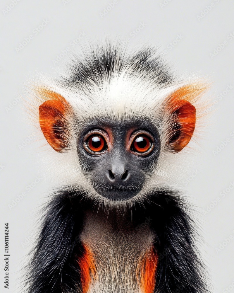 Obraz premium Mystic portrait of baby Colobus primate, copy space on right side, Headshot, Close-up View, isolated on white background