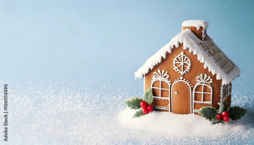 Naklejka premium Gingerbread house with powdered sugar on light blue background