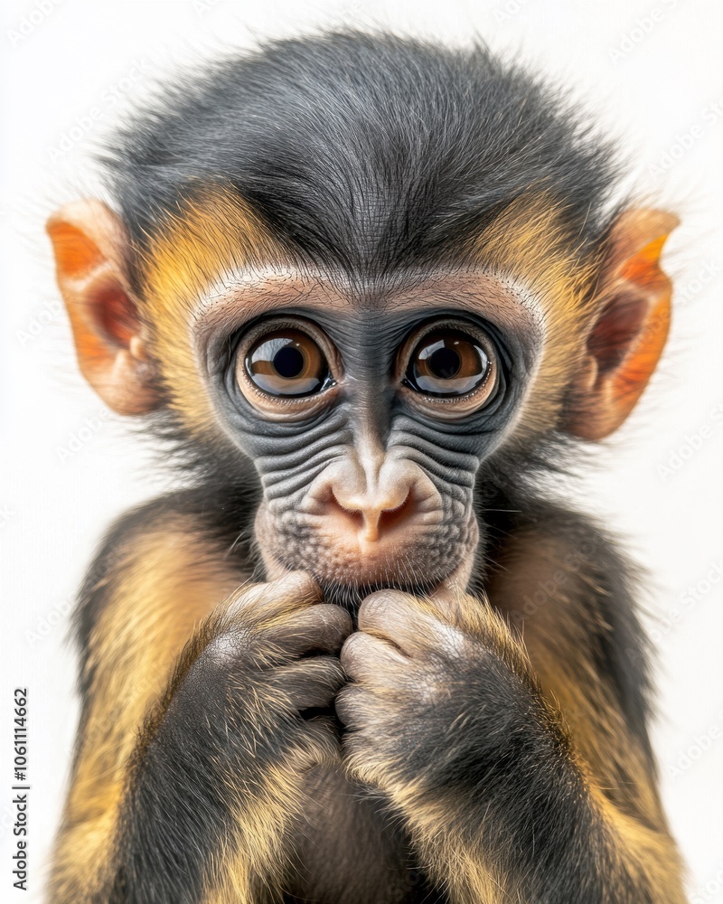 Mystic portrait of baby Mandrill primate, copy space on right side, Headshot, Close-up View, isolated on white background Mystic portrait of baby Mandrill primate, copy space on right side, Headshot, Close-up View, isolated on white background