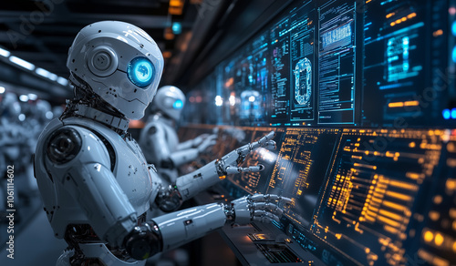 Robots with artificial intelligence work on control panels in a futuristic control room 