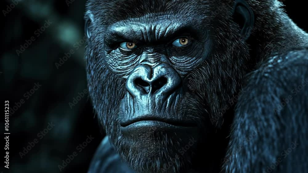 A powerful gorilla stares intensely at the camera, its eyes piercing through the darkness A powerful gorilla stares intensely at the camera, its eyes piercing through the darkness