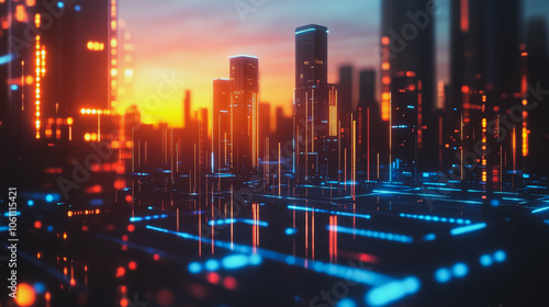 Smart digital city with connection cyber security network reciprocity over the cityscape . future smart wireless digital city and social media networking systems that connects people within the city