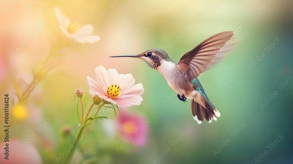 Obraz premium Hummingbird Hovering Near a Flower