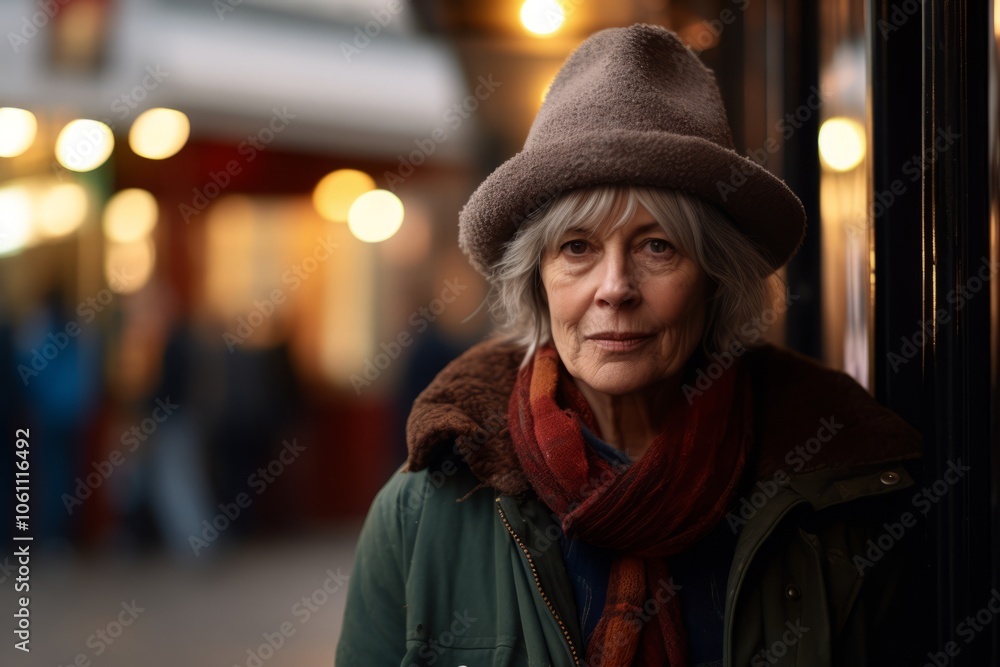Portrait of a senior woman in a hat and scarf in the city Portrait of a senior woman in a hat and scarf in the city