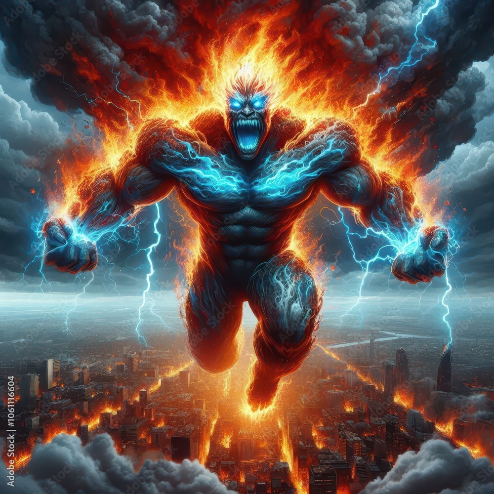 Fototapeta premium Ai generated illustration of a human flying monster giant fire smoke in the form of a a storm flying in the cloud sky of smoke and streaks of lightning on its body with city destroyed by fire