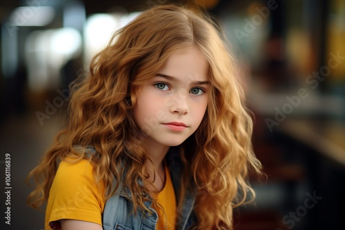 Portrait of a beautiful young girl with long curly hair in the city.