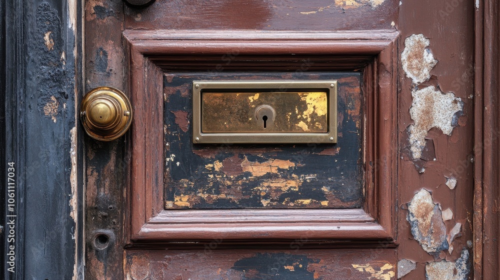 Weathered Antique Wooden Door with Brass Doorknob and Mail Slot Weathered Antique Wooden Door with Brass Doorknob and Mail Slot